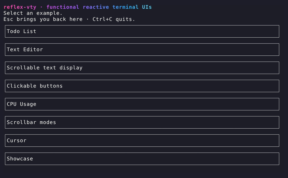 reflex-vty example walkthrough: gradient menu, to-do list, scrollbar modes, and styling showcase