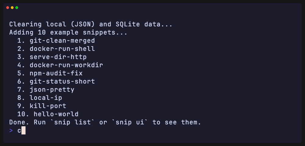 snip CLI demo — list, search, show, exec, add, stats, run