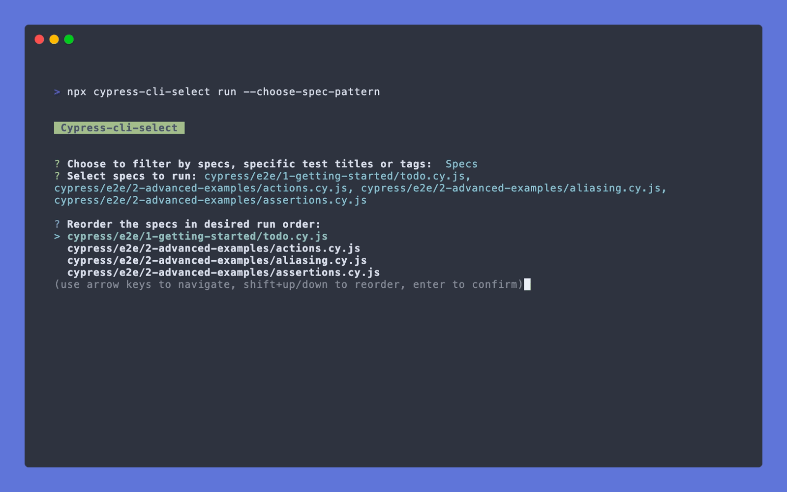 Cypress-cli-select choose-spec-pattern demo